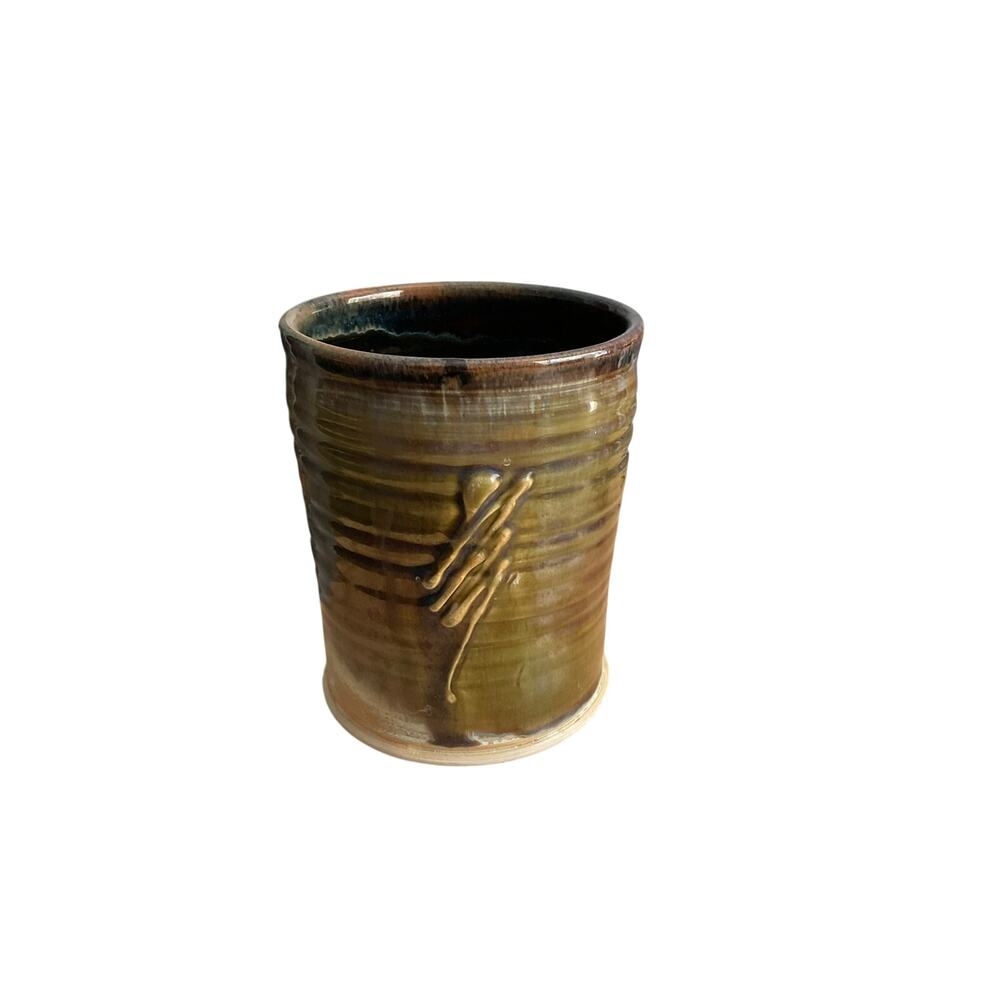 Handmade Studio Pottery Utensil Crock Brown Green Glazed